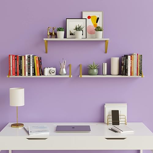 Miniatura 5 de Wallniture Ponza White Floating Wall Shelves with Gold Color Metal Brackets, Living Room, Bedroom, Bathroom, Home Office Decor, Set of 3