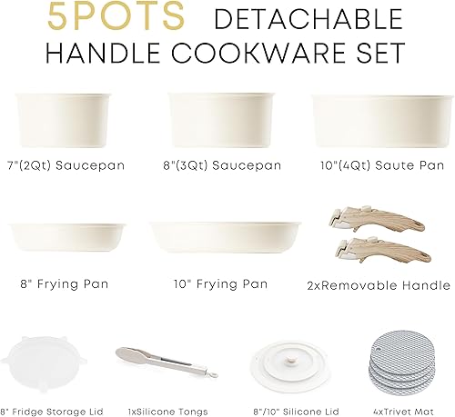 Miniatura 2 de Caannasweis Juego de utensilios de cocina antiadherentes desmontables, ollas y sartenes de inducción apilables con asas extraíbles, aptos para