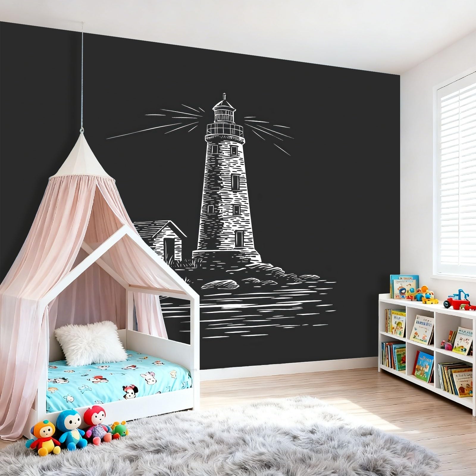 Fototapeta Malarstwo atramentowe domek latarnia morska fotografia ścienna do sypialni pokoju dziecięcego, 300 x 210 cm tapeta artystyczna, czarna