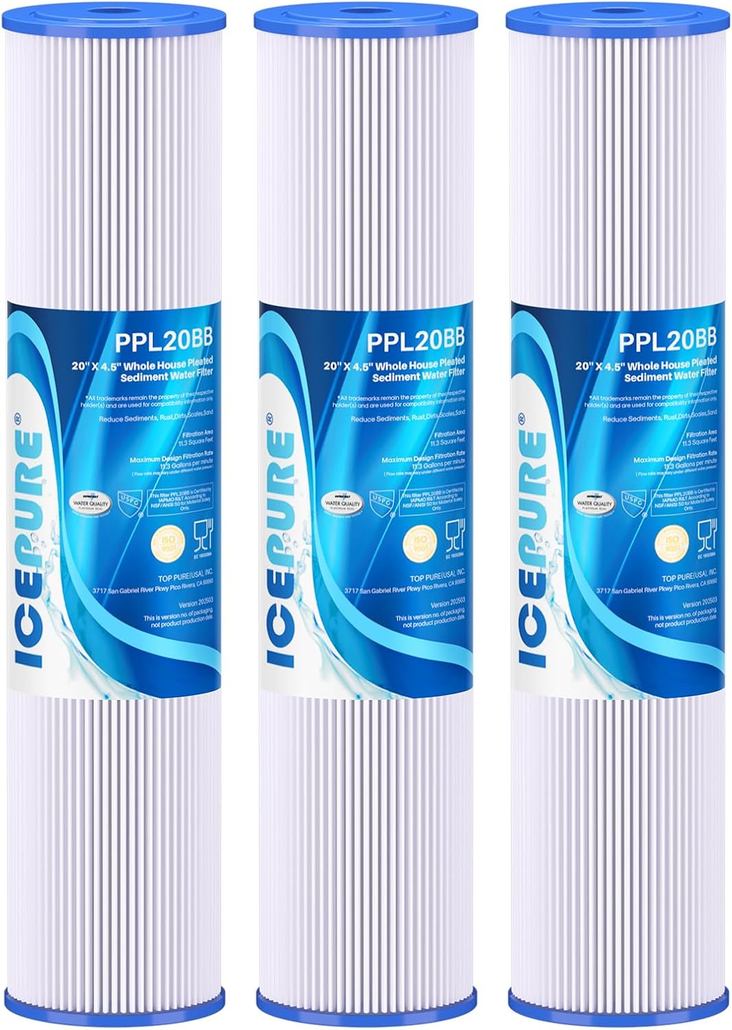 ICEPURE 20″ x 4.5″ Whole House Water Filter, 5 Micron Pleated Sediment Water Filters Replacement Cartridge for Well Water, Compatible with ECP5-BB, AP810-2, SPC-45-1005, CP5-BB, ECP1-20BB, 3 PACK