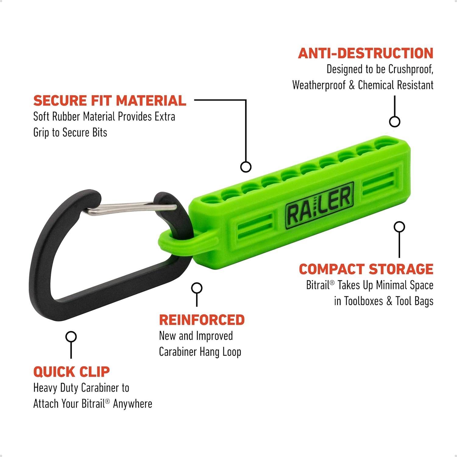 Railer Torx Bit Set - Premium S2 Steel 2 Inch Impact Driver 10-Piece 6 Star Bit Set With A Tool Storage Bit Holder & Carabiner (Hi-Vis Green Bitrail, Standard Bitrail)