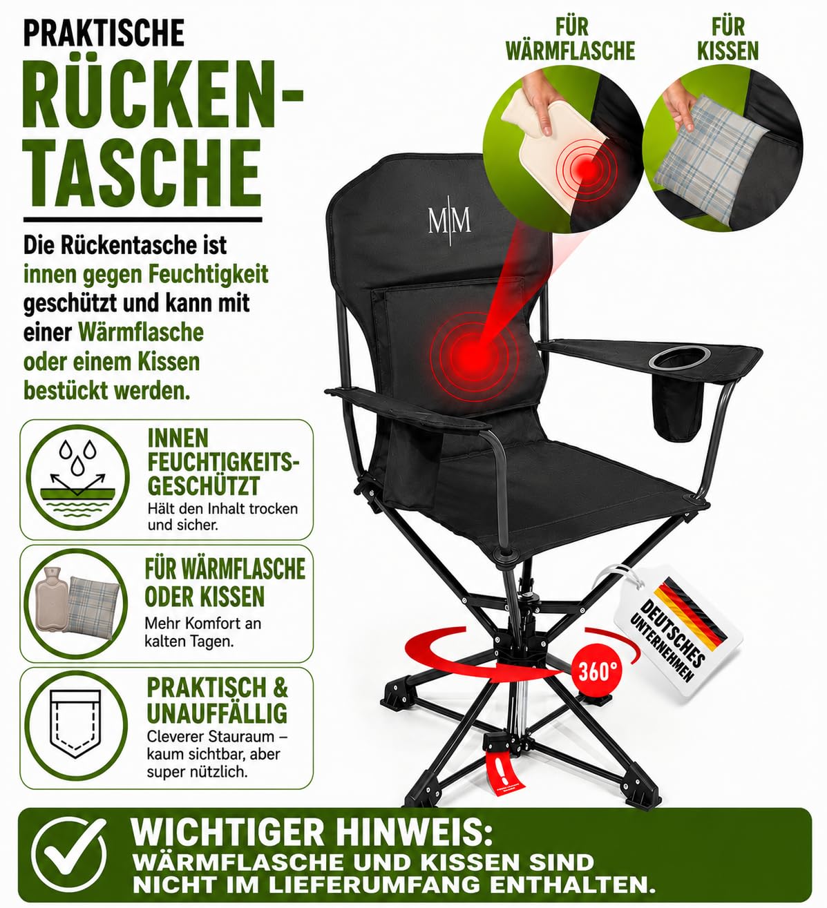 Campingstuhl faltbar schwarz bis 150 kg mit Rückentasche für Kissen oder Wärmflasche, 360° drehbar