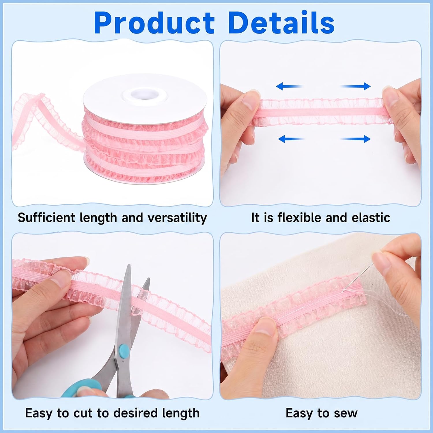 Xthrotsenk 10 Yards Pink Lace Ribbon 3/4'' Wide Double Ruffle Lace Trim