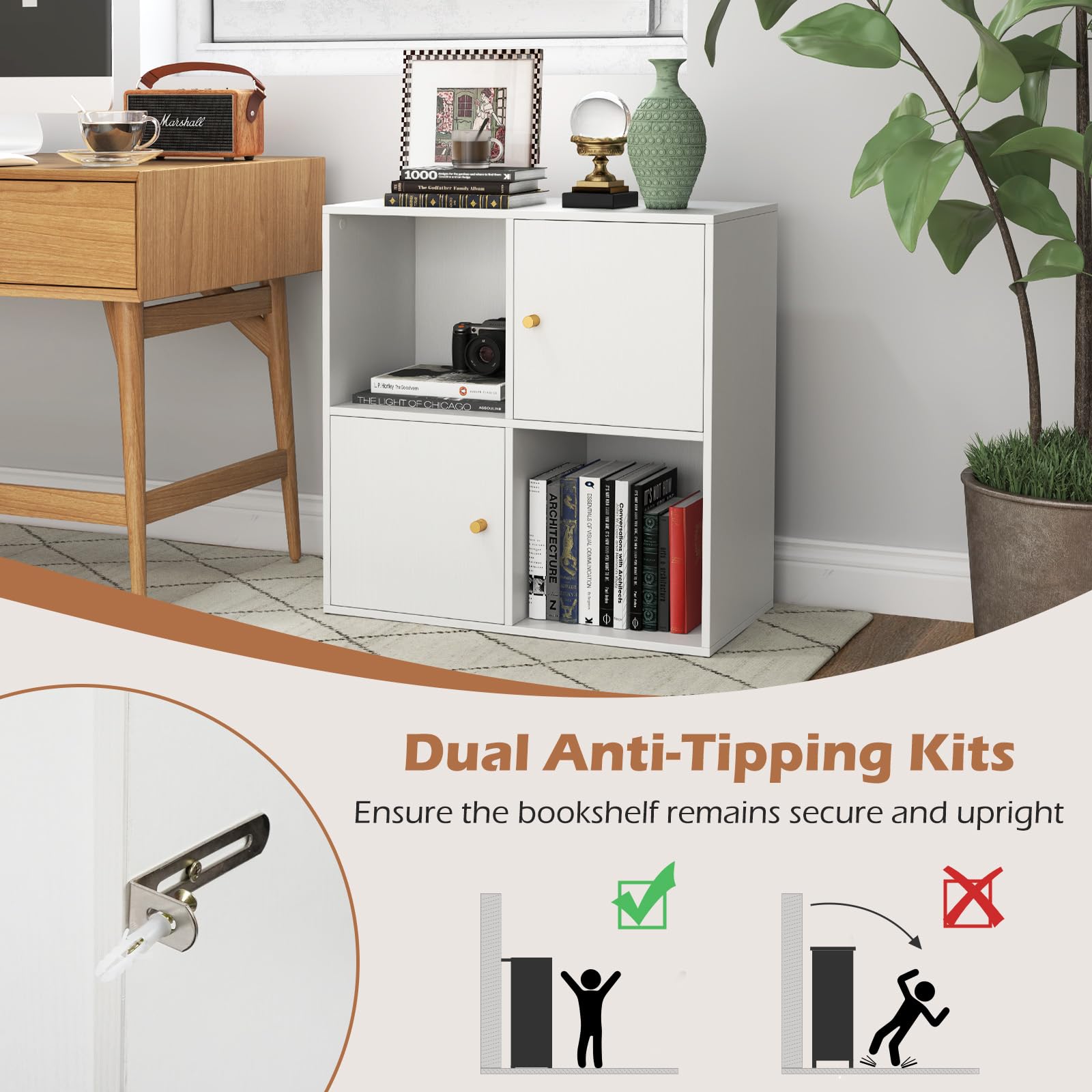 GIANTEX Estantería para Libros con 4 Cubos, Librería de Almacenaje de 2 Niveles con Puertas, Compartimentos Abiertos, Mueble Auxiliar Moderno para Salón, Estudio, Oficina, 60 x 29 x 60 cm, Blanco