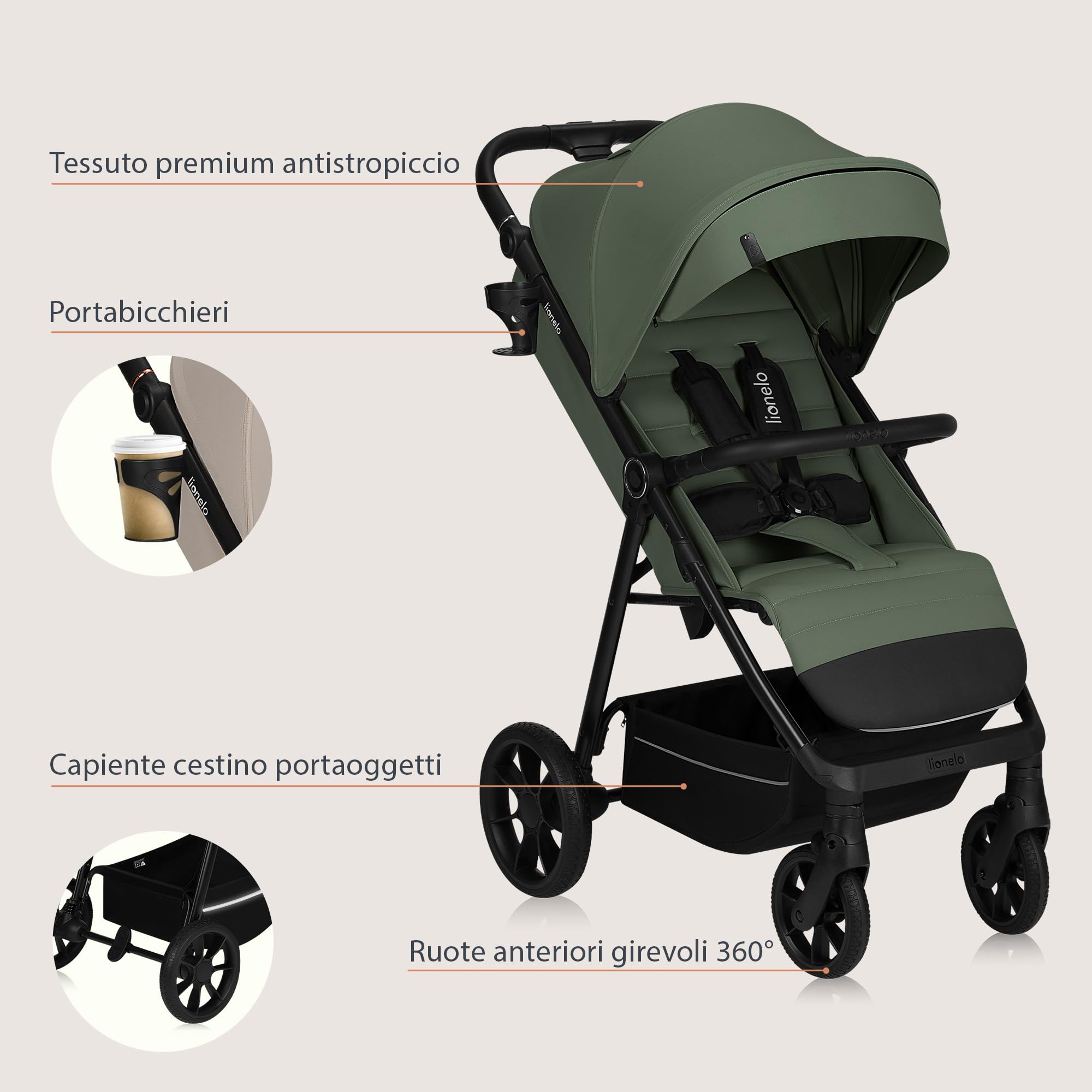 LIONELO Iva Passeggino Leggero e Compatto per Bambini da 6 Mesi a 4 Anni | Fino a 22 kg, Ruote Girevoli 360° con Sospensione, Schienale e Poggiapiedi Regolabili, Cappottina XXL UPF50+, Tessuto Premium