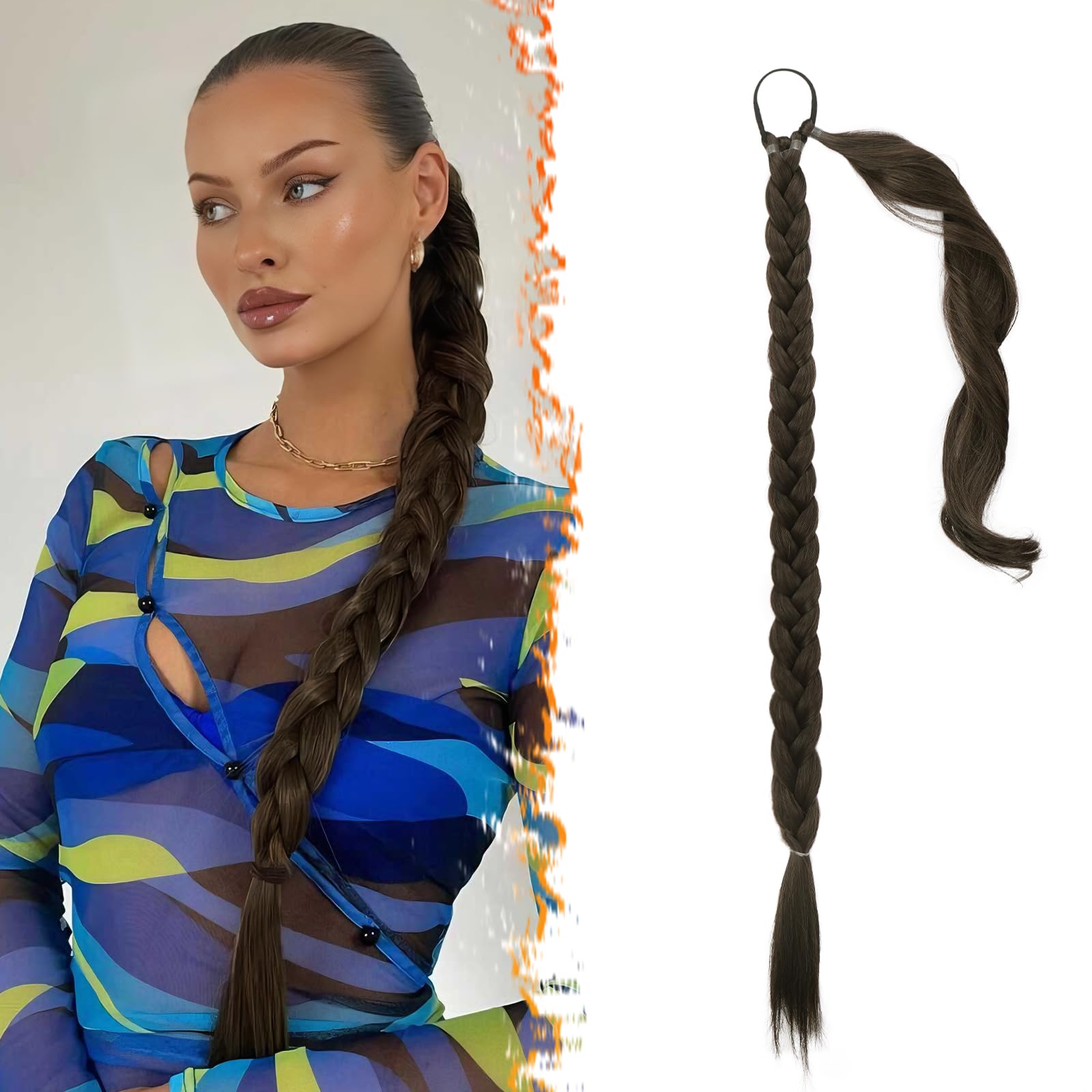 BARSDAR 26 Inch Long Braided Ponytail Extension - Straight Wrap Around Brown Braid Ponytail Hair Extensions with Hair Tie - Synthetic Pony Tails
