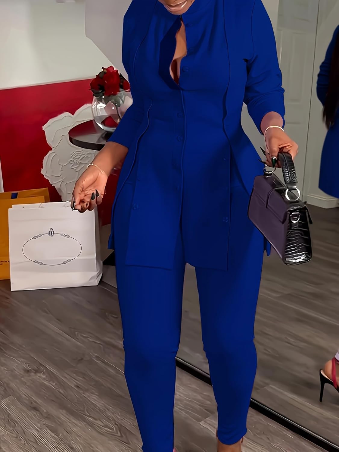 Women's Curvy Button Front Pant Suit Set, Plus Size Professional Two-Piece Long Sleeve Suit