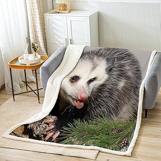 Opossum Throw Blanket Throw 50x60 Inch, Possum Sherpa Blanket for Kids Boys Girls Adults Opossum Lovers Gift Bed Blankets Funny Animal Botanical Leaves Fuzzy Blanket for Sofa Bed Couch, Bedroom Decor