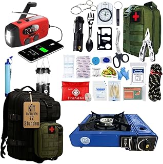 Komplettes Survival-Kit 2026, 72-Stunden-Notfallrucksack für Zuhause und Camping, mit Solarradio, tragbarem Camping-Gaskocher, 3 Lampen, Erste-Hilfe-Set, Paracord und Notfalldecke