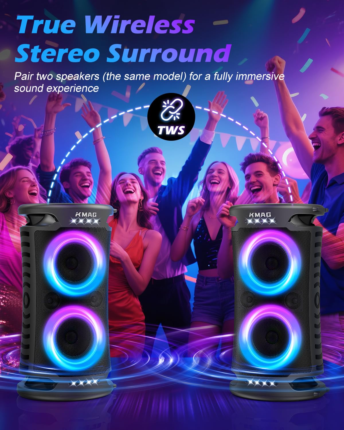 Large Bluetooth Speaker, 260W Peak Powerful Loud Sound with Deep Bass, 15Hr Playtime, Fast Charge, TWS, Cool Lights, Portable Outdoor Speaker Wireless for Party, Camping, Beach, Backyard, Home, Work