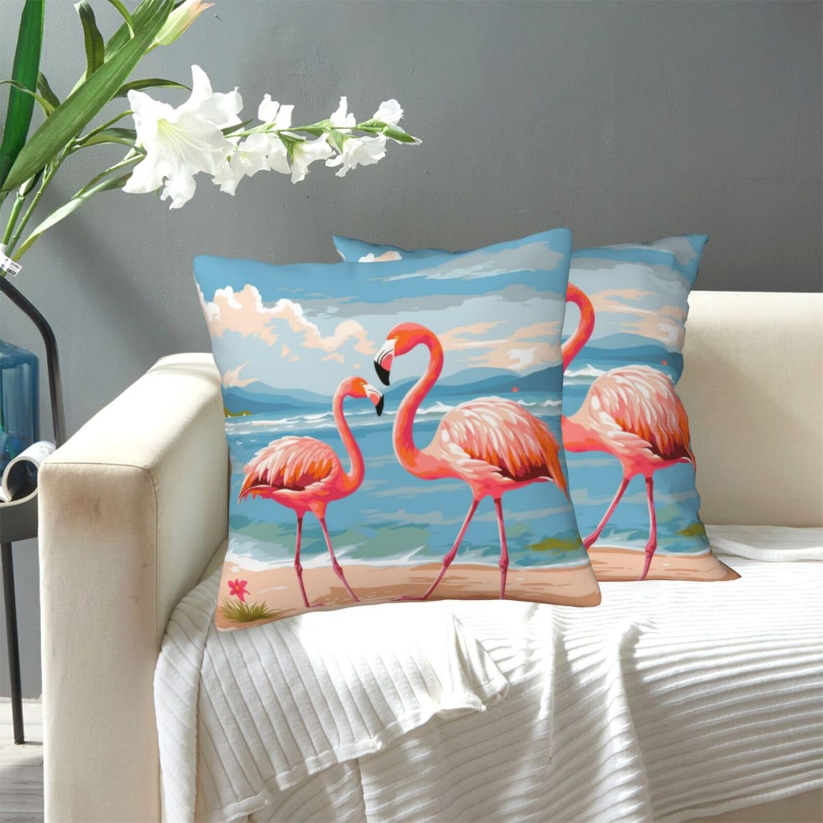 FekiLoot Decorative Throw Pillow Covers Modern Farmhouse Pillowcase Double Sided Cozy Cushion Cover for Sofa Couch Bed 20"X20" Flamingo Beach