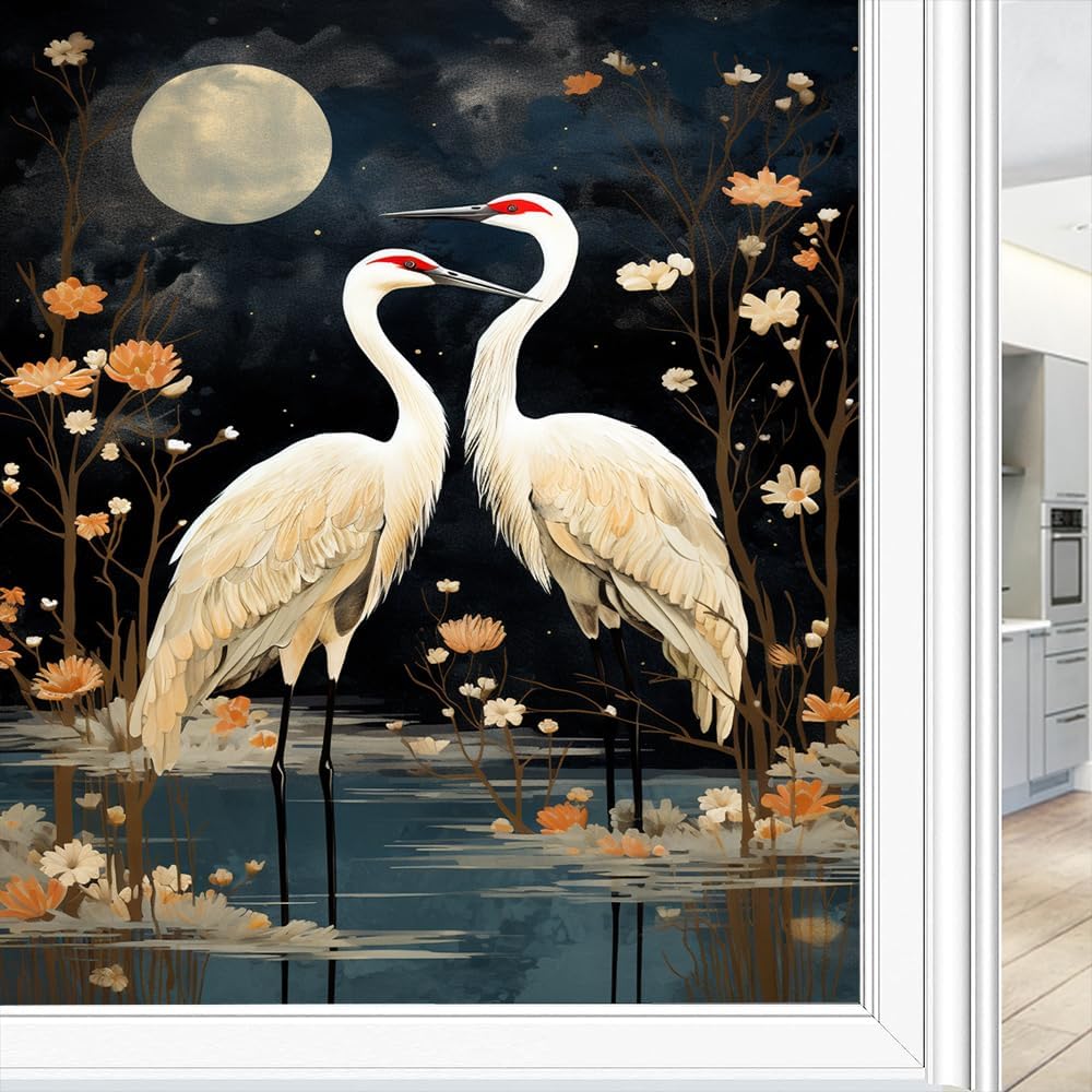 Colorful Crane Window Film Privacy Beautiful Flower Country Pond Animal Decorative Stained Glass Decal for Home, Adhesive Window Sticker 35.4Wx63L inch