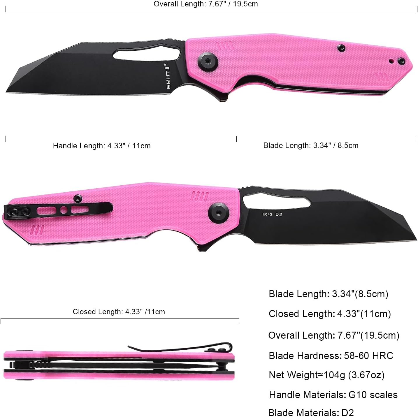 Reverse Tanto Pocket Folding Knife: 3.34" D2 Steel Black Blade, G10 Handle with Liner Lock, Reversible Clip, Thumb Hole, EDC Camping Knives for Men & Women E043, Pink
