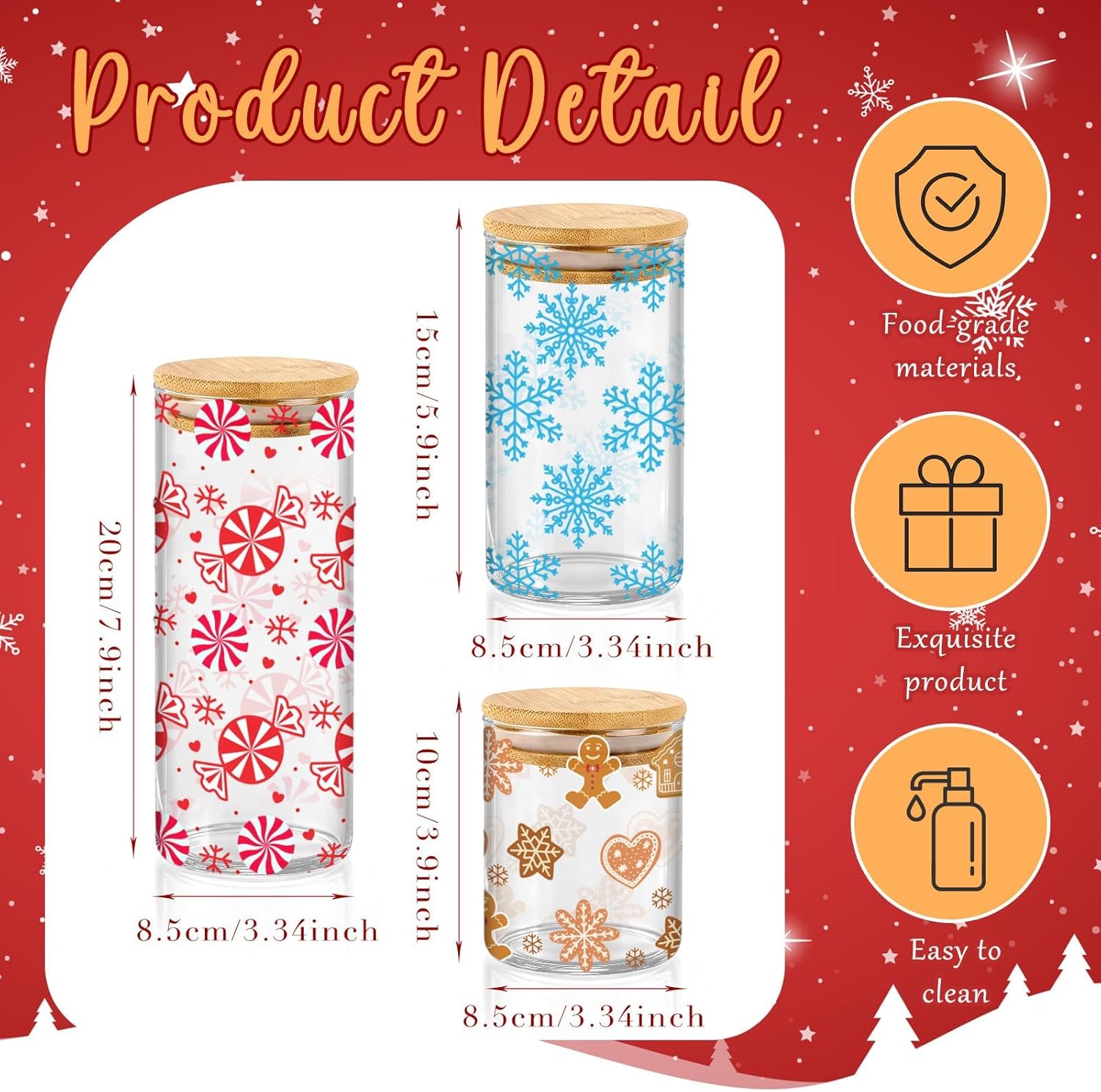Cumule 3 Pcs Christmas Glass Storage Jars With Airtight Bamboo Lid Candy Cane Gingerbread Man Snowflake Glass Food Storage Jars with Wood Lid for Xmas Home Kitchen Containers Decoration