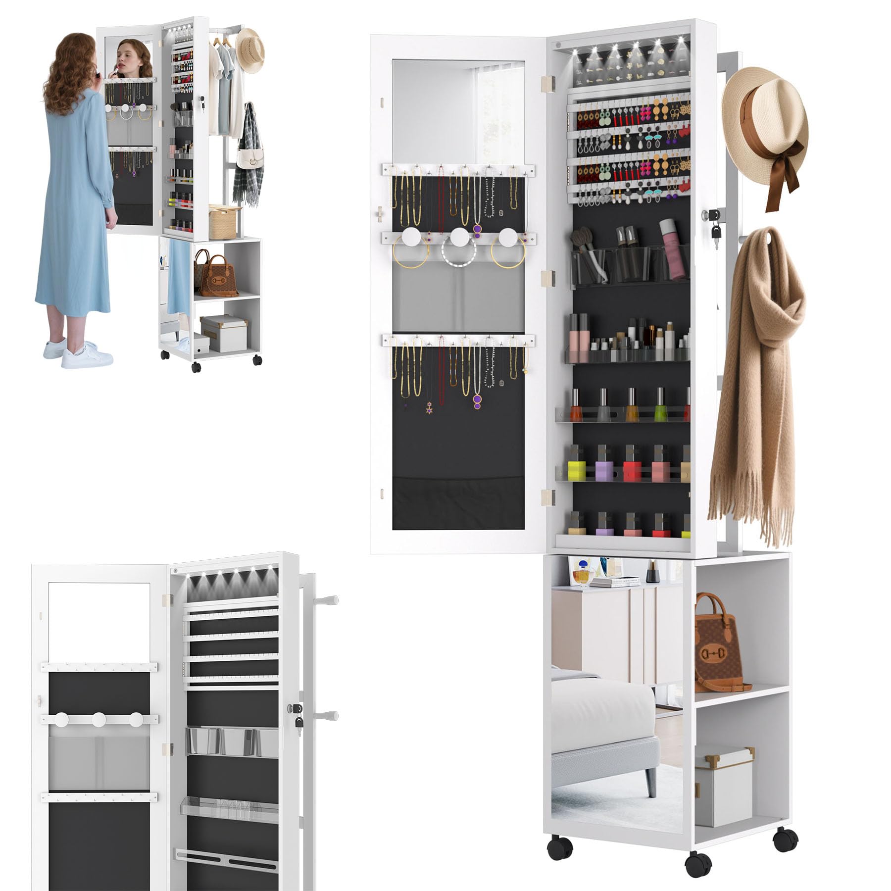 LZQ Schmuckschrank mit Spiegel und LED-Leuchten Spiegelschrank Abschließbar Schmuckorganisator mit Rädern und Ablagen 3-in-1 Schmuckaufbewahrung Schmuck-Organizer, 36 x 40 x 170 cm, Weiß