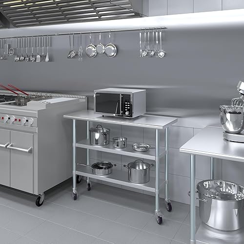 Vista 56 de Mesa de trabajo de acero inoxidable de 18 x 48 pulgadas AmGood Mesa de preparación de alimentos de metal NSF