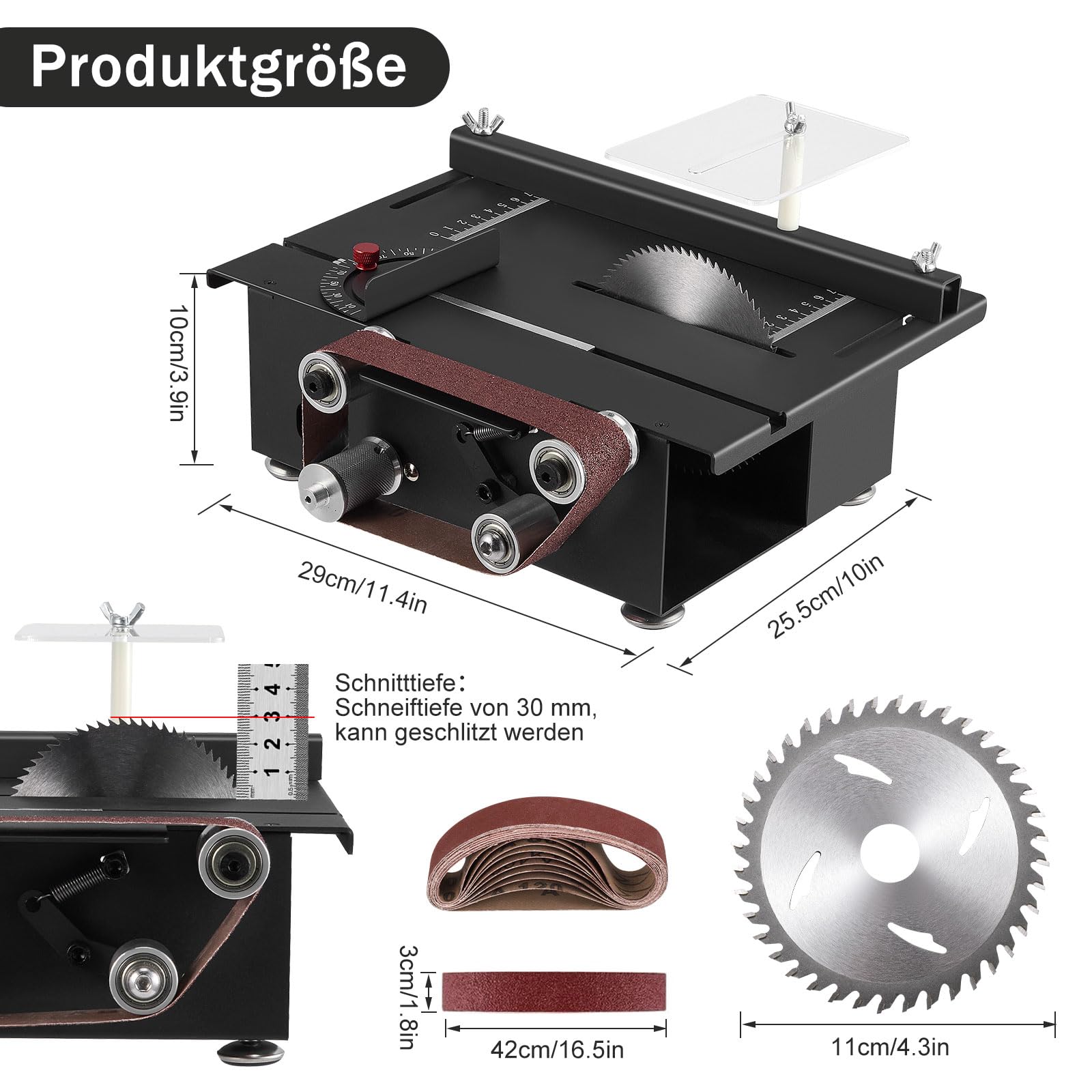Mini Tischkreissäge & Bandschleifer Variable Geschwindigkeit,200W Minii kreissäge mit 0-90° Einstellbarer Schnittwinkel, Mini Desktop Elektrischer mit 4 Klingen, 30mm Sägeblatt von Handgemachtes Holz