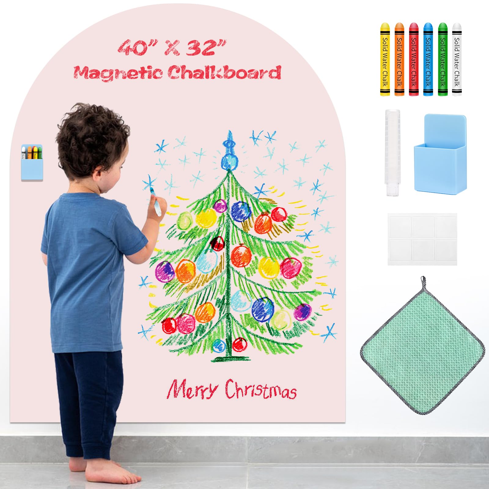 Magnetic Wall Decal for Kids, 40"x32" Arch Chalkboard, Self-Adhesive Sticker Board with Chalk Holder, Wipe Cloth etc., Magnetic Wallpaper for Playroom, Home