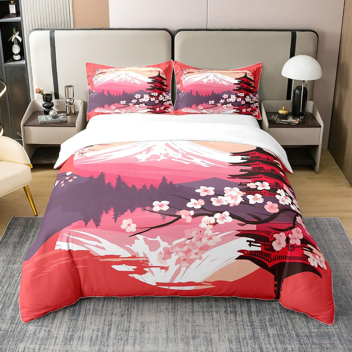 Homewish Housse de Couette 200x200 cm Coton Biologique Motif Sakura