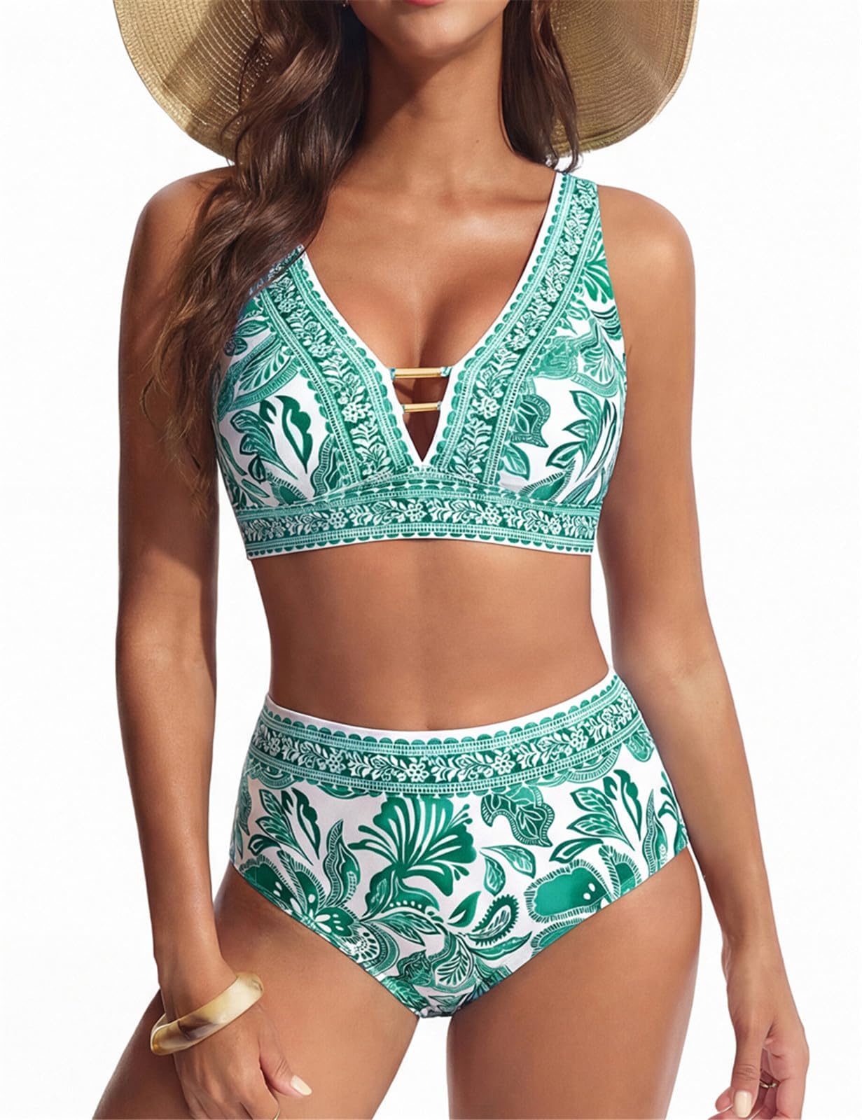 Hanna Nikole Damen Bikini Hohe Taille Cut Out Badeanzug Bauchweg Bademode Push Up Zweiteiliger Bikini Set V-Ausschnitt Badebekleidung