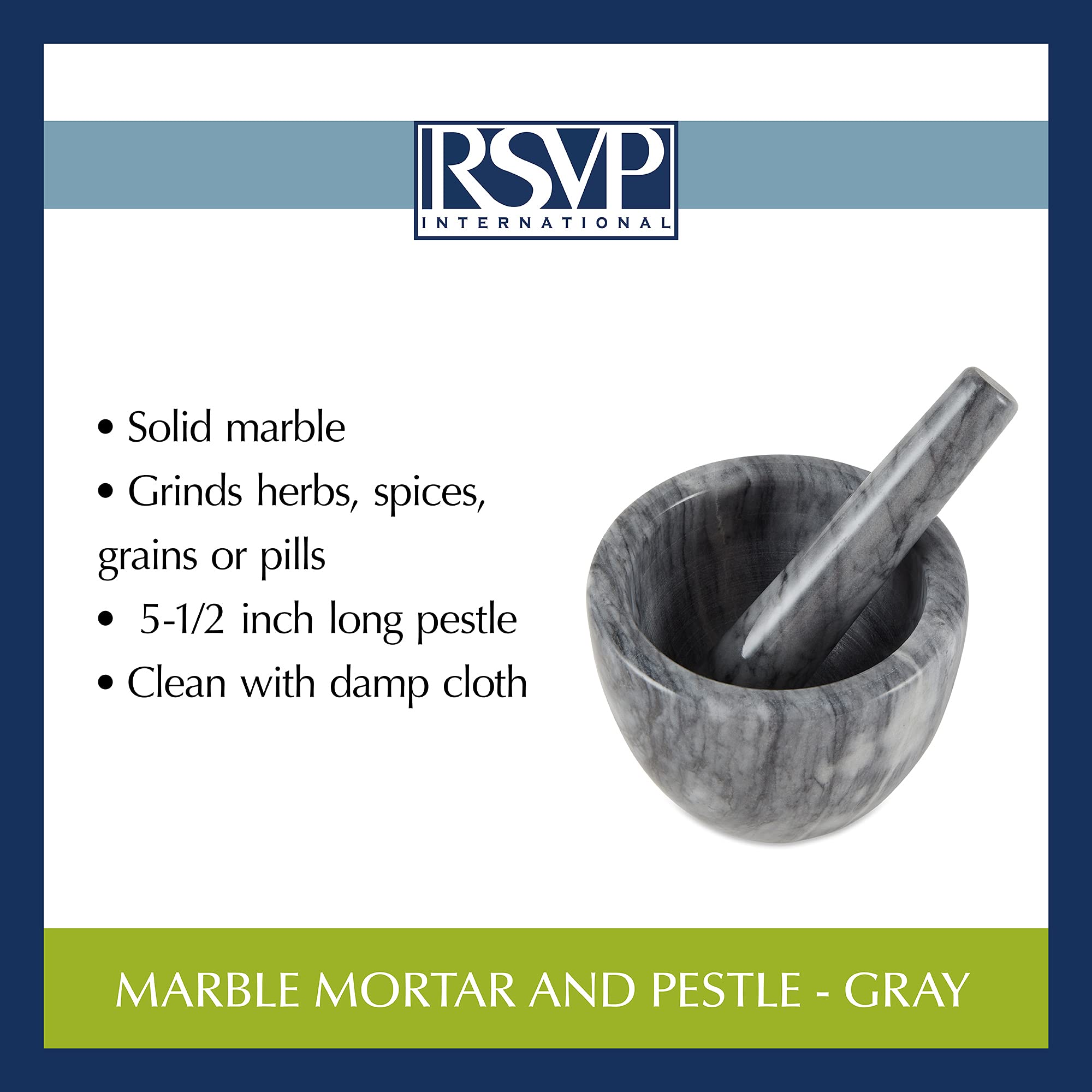 RSVP International Marble Mortar & Pestle Mano de mortero, Gres, Mármol Gris