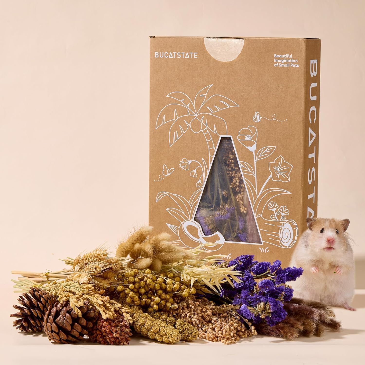BUCATSTATE 90 pièces de literie naturelle pour hamster – fleurs, herbes et sprays pour décoration d'habitat de cage | Traitez les céréales pour gerbilles syriennes naines, souris, rat, fourrage, enrichissement.