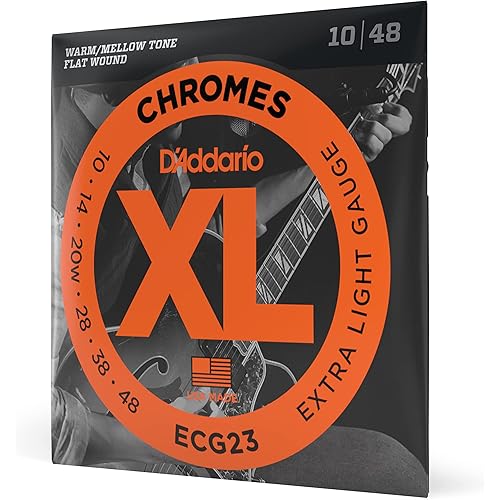 D'Addario Guitar Strings - XL Chromes Electric Guitar Strings - Flat Wound - Polished for Ultra-Smooth Feel and Warm, Mellow Tone - ECG23 - Extra Light, 10-48, 1-Pack