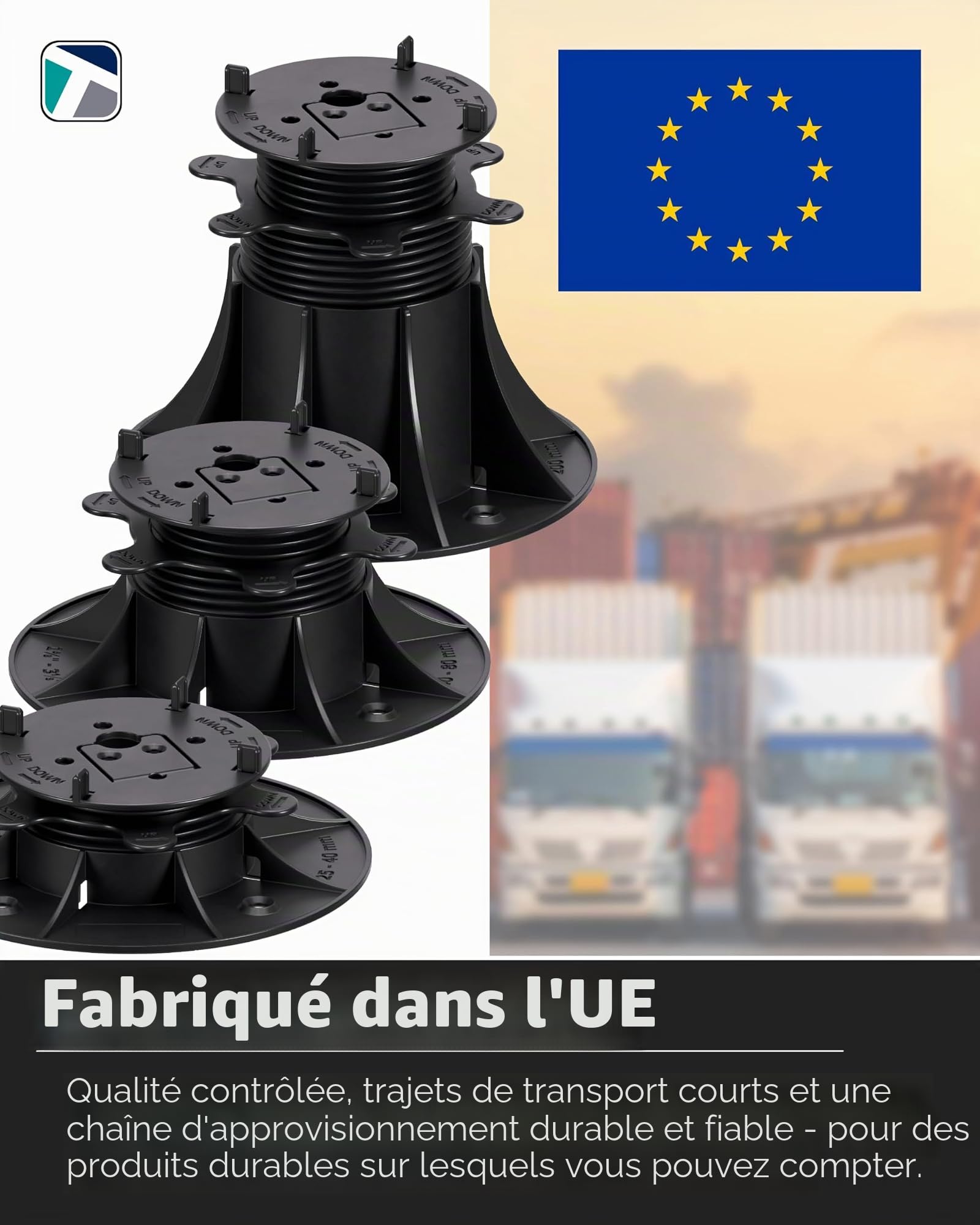 Trevendo CLEVER LINE Lot de 25 plots (25-40 mm), réglables en hauteur, pour plaques de pierre, planches en WPC et en bois, capacité de charge jusqu'à 500 kg, avec croix de joint et adaptateur en L