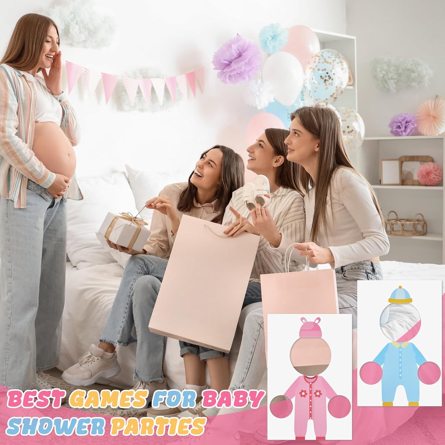 6 Set Baby Shower Games Party Favors, Gender Reveal Games Feed Me with 6 Pcs Kt Boards and 6 Pcs Eye Patches for Funny Baby Shower Party Activities Supplies(Gender-Neutral,Multicolor)