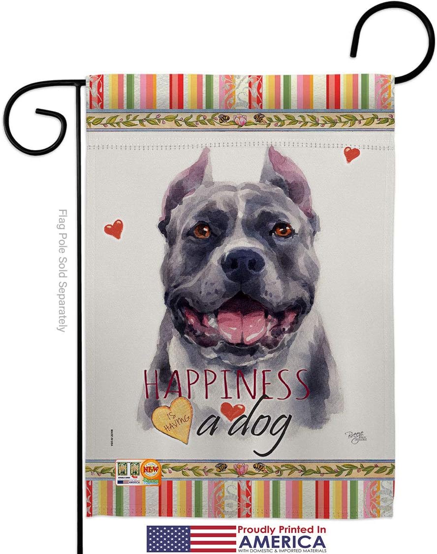 Black Pitbull Happiness Garden Flag Set Wall Holder Animals Dog Puppy Spoiled Paw Canine Fur Pet Nature Farm Animal Creature Small Decorative Gift Yard House Banner Made In USA 13 X 18.5