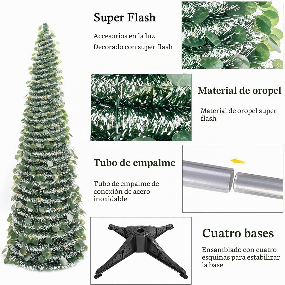 Árboles de Navidad artificiales de 150cm, árbol de Navidad plegable de espumillón, decoración navideña preiluminada para el interior del hogar (verde)