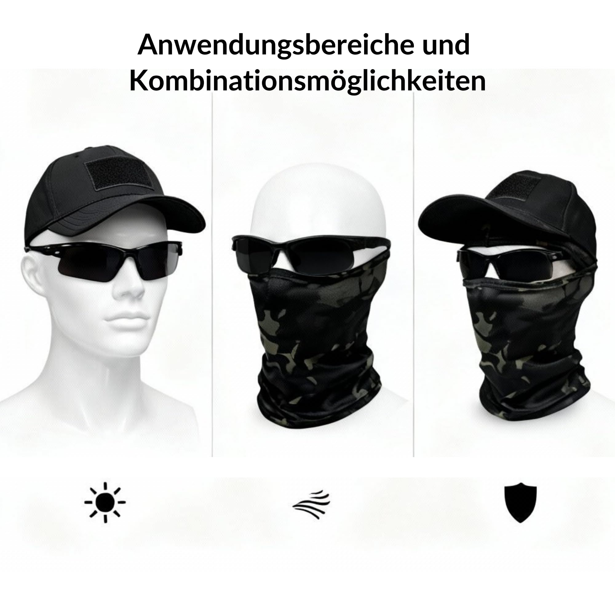 Sibo - Outdoor-Set (3-teilig): Taktische Klett-Cap + Outdoor-Schutzbrille + Elastische, atmungsaktive Sturmhaube für Airsoft, Paintball, Jagd, Wandern, Radfahren, Running, Skifahren (Schwarz)