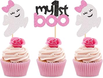 24Pcs My 1st Boo Cupcake Toppers Pink Bow Ghosts Cupcake Picks for Pink Halloween Baby Shower Baby Girls Ghost First Boo Birthday Party Cake Cupcake Decorations Supplies