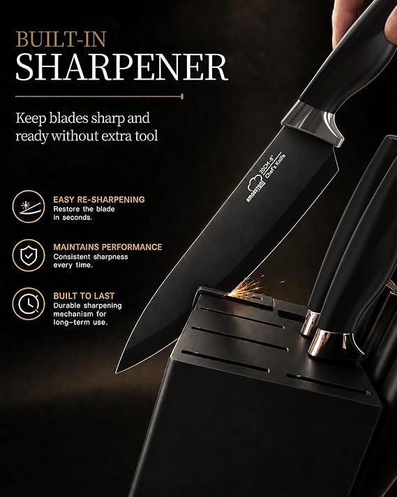 Amorston Knife Set, 15 Piece Kitchen Knife Set with Block and Built in Sharpener, German Stainless Steel Dishwasher Safe Knife Block Set, Black Kitchen Knives Set for Home Cooking