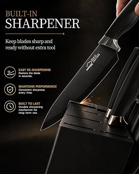 Amorston Knife Set, 15 Piece Kitchen Knife Set with Block and Built in Sharpener, German Stainless Steel Dishwasher Safe Knife Block Set, Black Kitchen Knives Set for Home Cooking