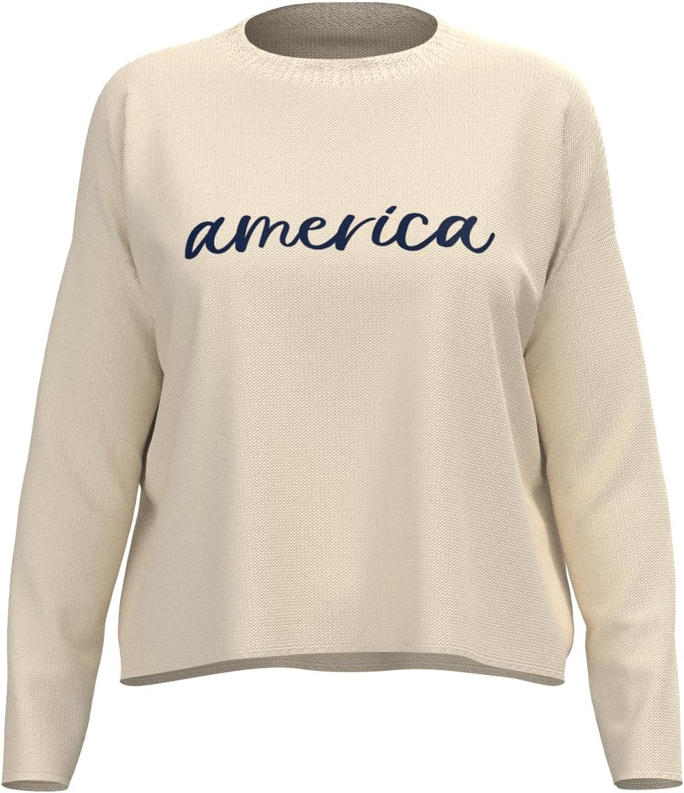 Women’s America Boxy Sweater, Patriotic Knit Top, Relaxed Fit Crewneck Pullover, Crafted in USA