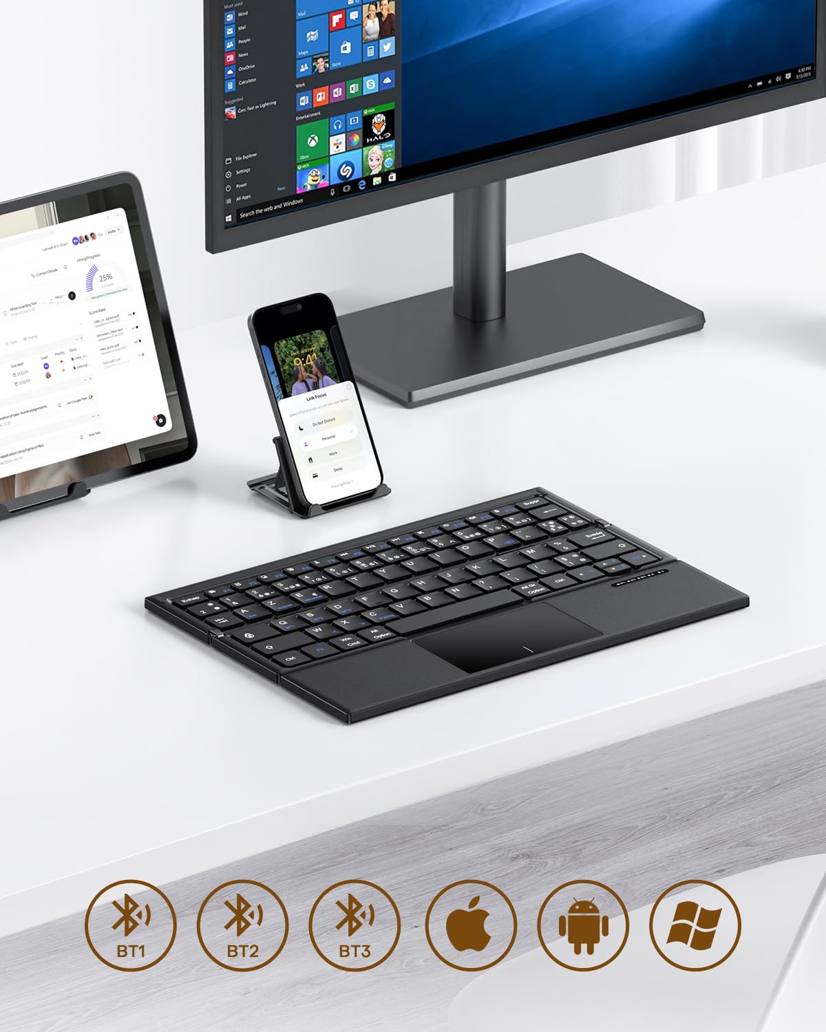 OMOTON Kabellose Tastatur, AZERTY, faltbar, Bluetooth, mit Touchpad, Schwarz | Multi-Geräte, 3 Bluetooth-Geräte, leise Mini-Tastatur, kompatibel mit Android Windows iOS Telefon Tablet iPad