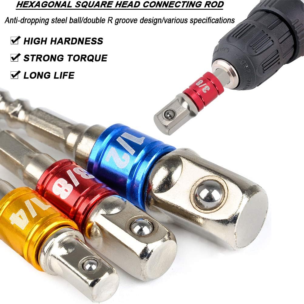 TIMESETL 3Pcs 1/4" 3/8" 1/2" Cr-V Hex Shank Impact Grade Socket Adapter Extension Set & 105° Right Angle Drill Bit Adapter Attachment 1/4" Drive 6mm Hex Magnetic Bit Socket Screwdriver Holder Adaptor
