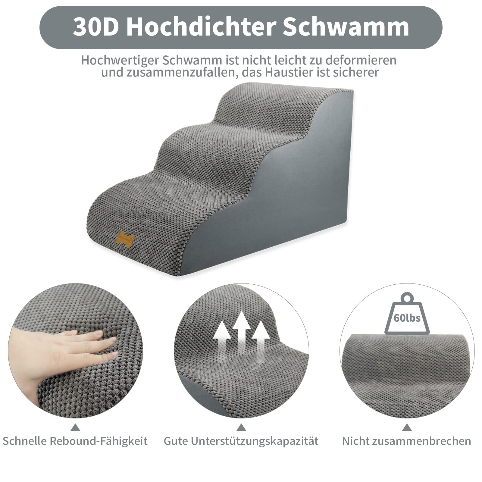 Nepfaivy Hundetreppe für Kleine Hunde 3-Stufig, Haustiertreppe für Bett und Sofa aus Hochdichtem Schwamm, Hunde Treppe Hunderampe mit Abnehmbarem, Waschbarem Bezug und Rutschfestem Boden, 60x40x40cm