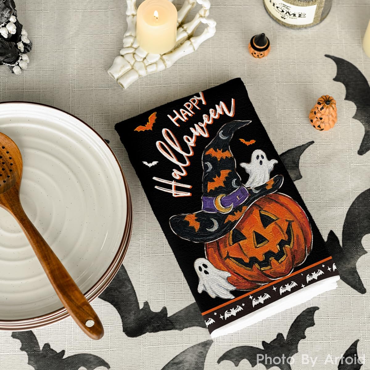 Artoid Mode Pumpkin Bats Halloween Kitchen Towels Set of 2 18x26 Inch