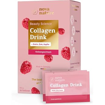 NovaNature Beauty Collagen Drink Collagen Powder + Zinc Biotin Copper - 5 g Collagen Hydrolysate Peptides Type I II & III per Day - with Raspberry Flavour Collagen Complex for Inner Beauty