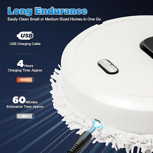 Miniatura 6 de Robot de trapeador automático para suelos duros, limpiador de suelos con 60 minutos de funcionamiento, recargable por USB, limpieza de 360,
