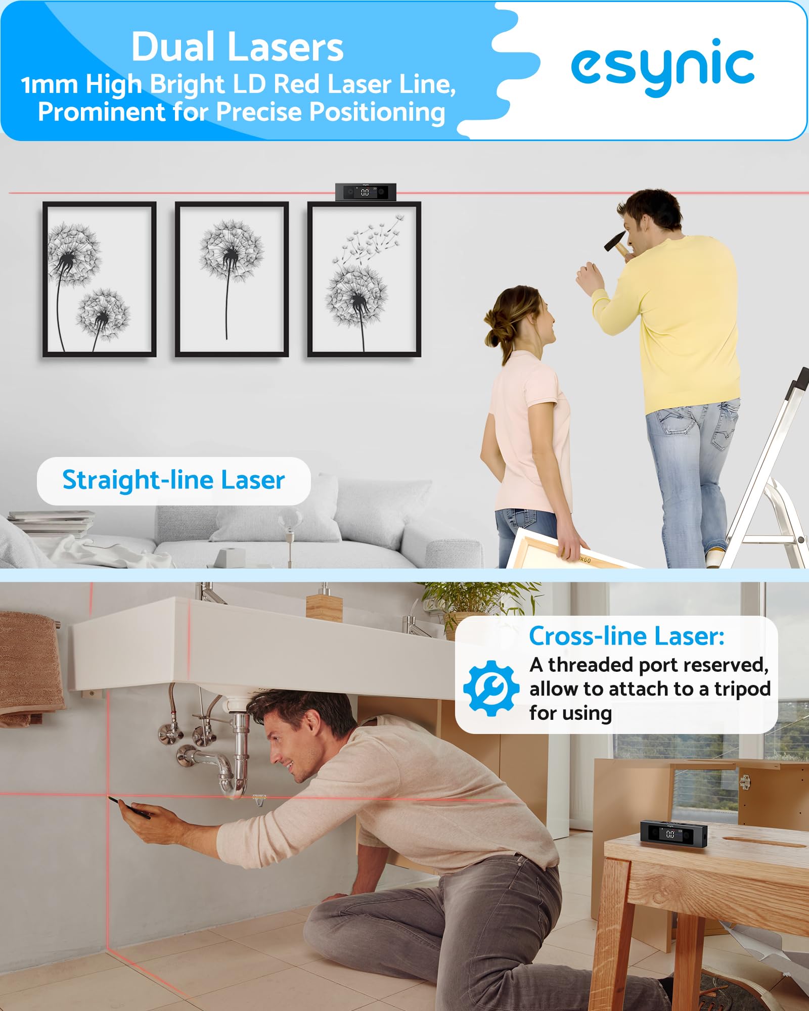 eSynic Digitaler Neigungswinkelmesser mit Dual-Achsen, Präzisions-Inklinometer, Doppel-LCD-Display, Laser-Level, 4 * 90° Messbereich, Wiederaufladbar mit USB-C
