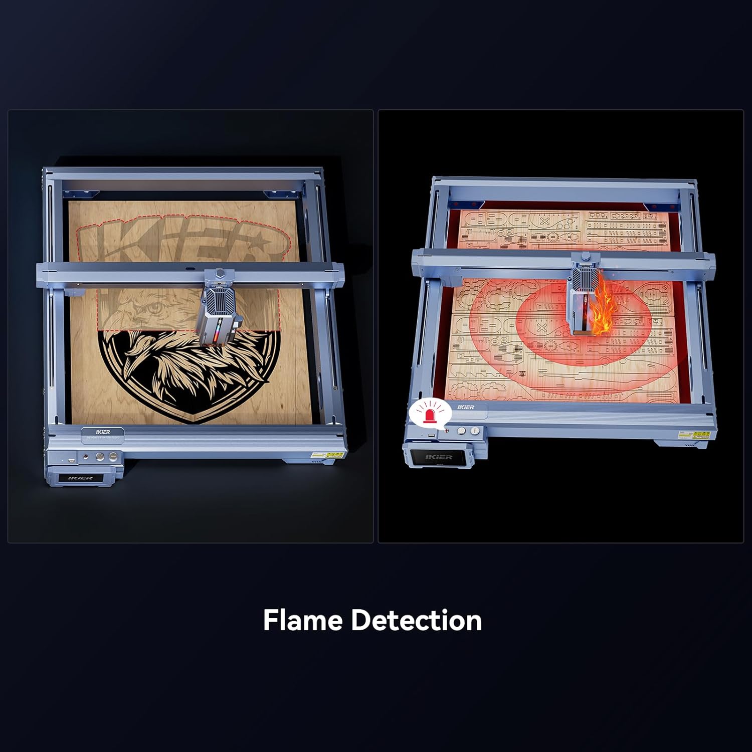 Diagram of the IKIER K1 Pro Max laser module's full heat dissipation system, showing dual air ducts, copper tubes, and a high-power fan.