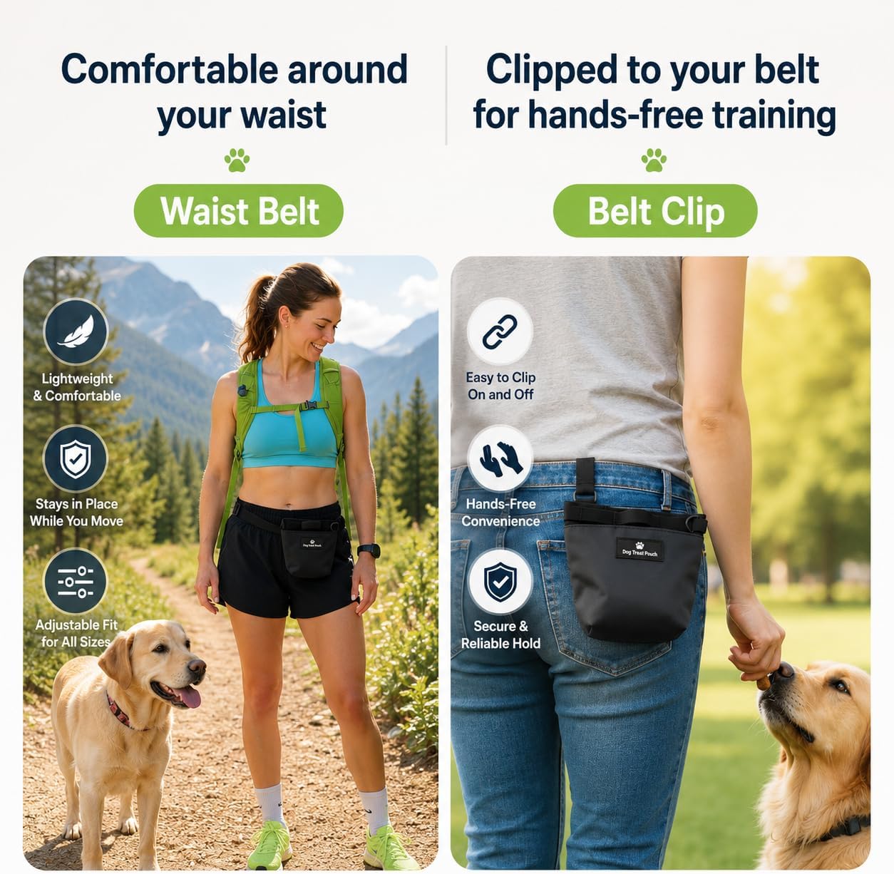 Dog Treat Pouch for Training, Magnetic Closure, Hands-Free (Black) | Dog Treat Bag, Holds Up to 2 Cups, Adjustable Waist Belt for Puppy Training & Walking