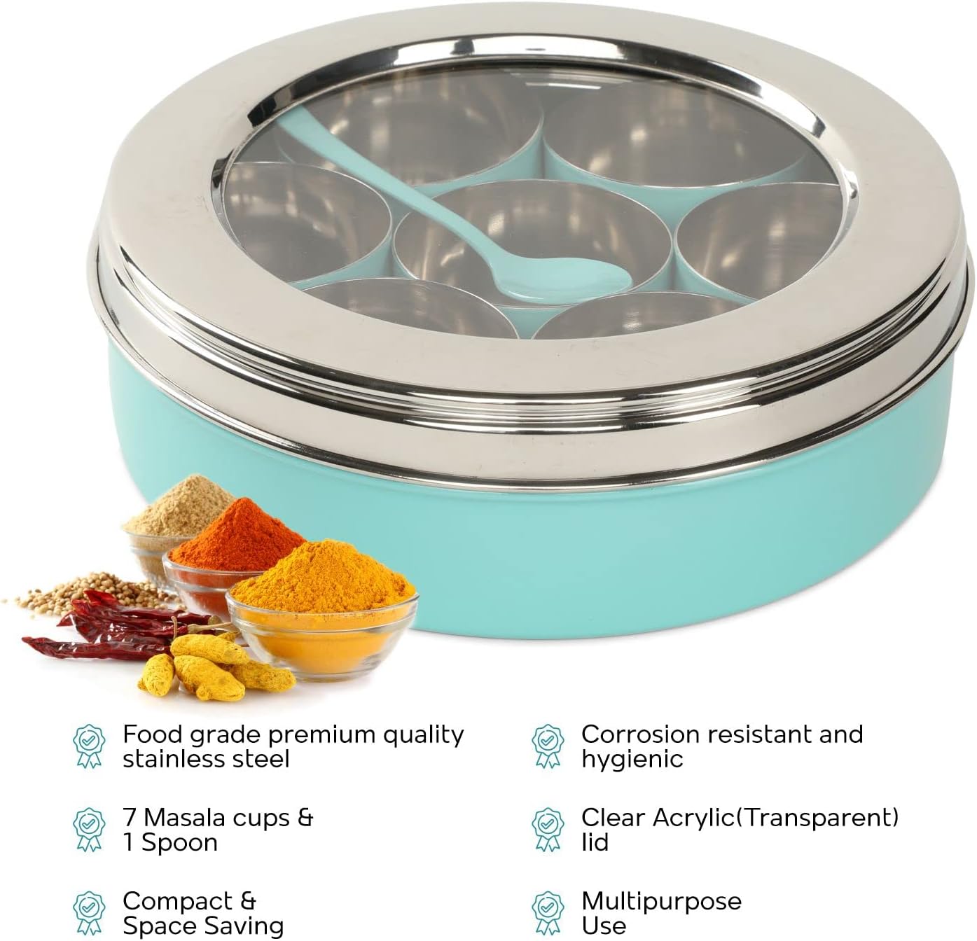 DUDKI Homes Stainless Steel Masala Box, Spice Box, Masala Dabba with Kitchen Organizer with See Through Lid with 7 Containers and One Small Spoon (AQUA)