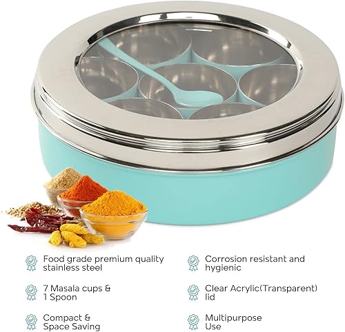 Miniatura 3 de DUDKI Homes - Caja de masala de acero inoxidable, caja de especias, Masala Dabba con organizador de cocina con tapa transparente con 7 recipientes y