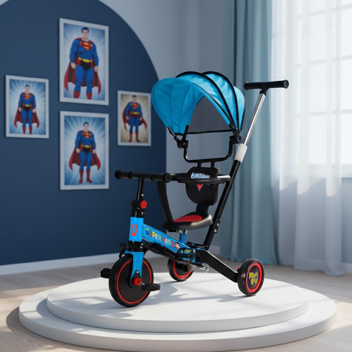 Superman 4 in 1 Tricycle, with Sunshade, 3 Mute EVA Wheels, Big Wheel Hub, Music and Light, Steel Frame, Non Slip Tyre, Extendable Handle, Convertible to Balance Bike, Blue, 2 to 6 Year-image-5