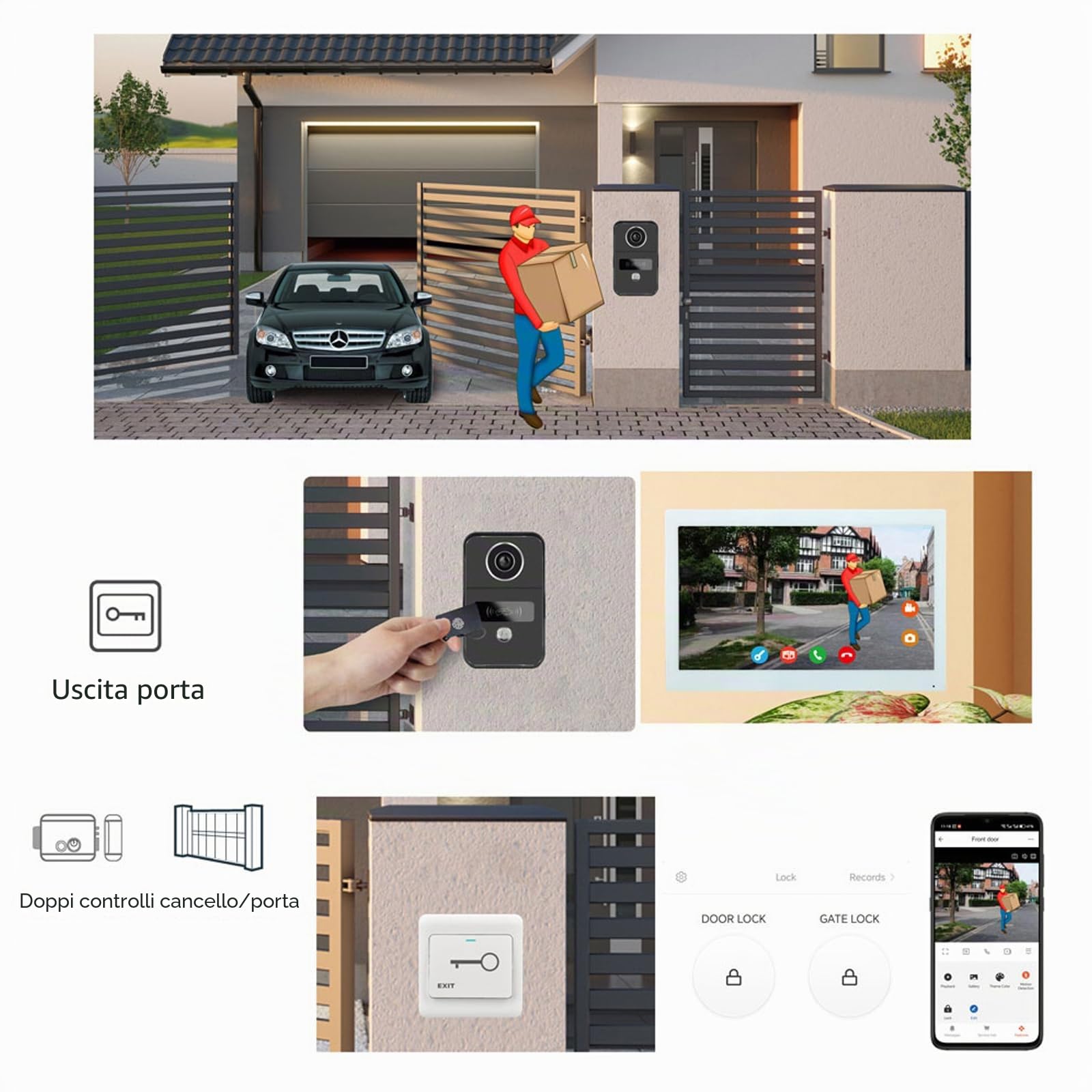 Sistema videocitofonico a 2 fili dell'appartamento 1080P Camera 7 pollici Touch Monitor, kit videocitofono WiFi per la casa, rilevamento del movimento (1 nero Campanello + 2 nero Monitor)