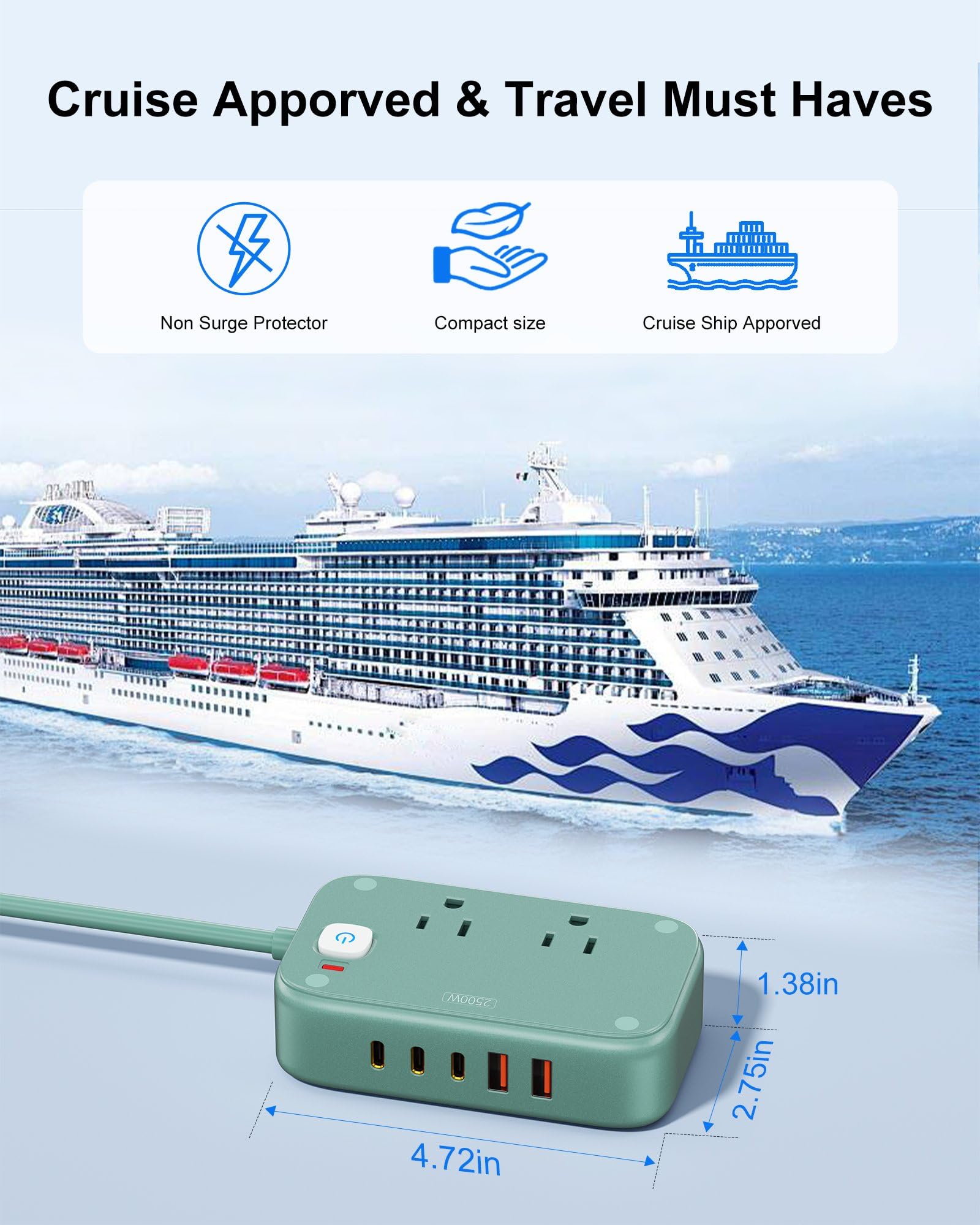 Regleta de alimentación con USB C - Estación de carga de 40 W con 2 tomas, 3 USB C y 2 USB A - Cargador para múltiples dispositivos, cable de extensión de enchufe plano de 5 pies para